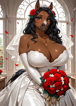 anthro big_breasts black_hair blush breasts brown_body brown_eyes cleavage clothed clothing detailed_background dress female flower hair happy plant rose_(flower) smile solo veil wavy_hair wedding_dress wedding_veil zero_pictured mateus99 madison_(mateus99) equid equine horse mammal