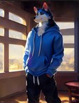 2022 anthro blue_body blue_fur canid canine canis clothed clothing fur furniture hand_in_pocket hoodie inside l0tox male mammal pockets smile solo standing table topwear white_body white_fur window wolf