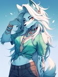 anthro black_nose blue_background bottomwear bracelet clothing ear_piercing female fur hair jewelry long_hair makeup nails navel piercing simple_background solo tattoo topwear white_body white_fur white_hair yellow_eyes sappy_(director) canid canine mammal hi_res