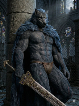 anthro cape cathedral clothing leather male melee_weapon moon muscular muscular_anthro muscular_male scar solo sword thong underwear weapon sweet_husbando elden_ring blaidd_(elden_ring) canid canine canis mammal wolf absurd_res hi_res