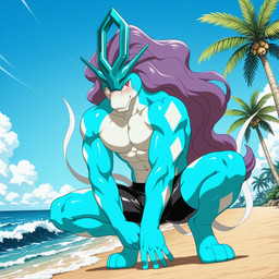 3_toes anthro beach_background black_clothing black_swimwear blush clothing cloud crouching digitaljackal feet hair long_hair looking_at_viewer male muscular palm_tree plant purple_hair red_eyes sky smile solo swimwear toes tree nintendo pokemon generation_2_pokemon legendary_pokemon pokemon_(species) suicune hi_res