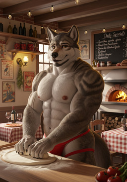 abs anthro appliance biceps black_claws claws clothing cozy food fruit looking_at_viewer male muscular muscular_anthro muscular_male navel nipples pecs pizza plant restaurant smile solo stove thong tomato underwear veiny_biceps veiny_muscles sweet_husbando canid canine canis mammal wolf absurd_res hi_res