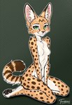 anthro big_ears breasts chest_tuft countershading featureless_breasts female fur green_background green_eyes inner_ear_fluff looking_at_viewer nude on_knees pattern_background pawpads shoulder_tuft simple_background sitting sitting_on_ground small_breasts smile solo spots tuft tursimi felid feline mammal serval absurd_res full-length_portrait hi_res portrait signature