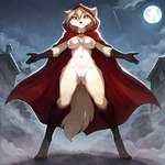 anthro breasts clothing female full_moon genitals hooded_cloak looking_at_viewer moon mostly_nude night night_sky nude pussy raining red_hood robe robe_only solo spread_arms twokinds anonymous_director clovis_(twokinds) keidran 1:1 absurd_res hi_res