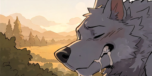 anthro bodily_fluids cum cum_in_mouth cum_inside drinking drinking_cum dripping fur genital_fluids male male/male oral solo swallowing white_body white_fur woolfie_da_pup canid canine mammal absurd_res hi_res