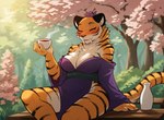 alcohol anthro asian_clothing beverage blush breasts cleavage clothed clothing container cup drunk east_asian_clothing eyes_closed female flower fur orange_body orange_fur outside plant sake sitting solo striped_body striped_fur stripes substance_intoxication tree twokinds anontk matriarch_dahlia felid mammal pantherine tiger