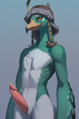 age_of_imprisonment anthro clothing erection genitals green_body hat hat_only headgear headgear_only headwear headwear_only looking_at_viewer male mostly_nude penis simple_background smile smiling_at_viewer solo vence_(aoi) white_body yellow_eyes lightning7 nintendo the_legend_of_zelda avian rito absurd_res hi_res