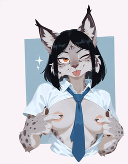 anthro areola biped breasts clothed clothing female inner_ear_fluff looking_at_viewer necktie one_eye_closed orange_eyes prick_ears raised_clothing raised_shirt raised_topwear shirt solo tongue tongue_out topwear tuft wink winking_at_viewer anonymous_director invoke_high felid feline mammal hi_res