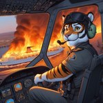 aircraft anthro black_stripes burning clothing cruise_ship eyewear eyewear_on_head felid fire fur goggles goggles_on_head helicopter inside_vehicle male mammal markings merchant_ship military military_uniform nikkolaus orange_body orange_fur pantherine passenger_ship pilot pink_nose police police_uniform sea ship solo striped_body striped_fur striped_markings striped_tail stripes tail_markings tiger uniform vehicle water watercraft yellow_eyes