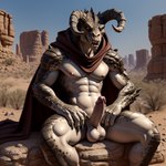 anthro balls cloak cloak_only clothed clothing erection fallout genitals hand_on_leg horn humanoid_genitalia humanoid_penis looking_at_viewer male nipples penis sharp_teeth sitting solo teeth yellow_eyes yetanotheraiuser goris deathclaw monster reptile scalie