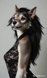 anthro black_clothing black_hair black_nose brown_body brown_fur clothing ears_up facial_tuft female fur grey_body grey_fur hair lingerie long_hair looking_at_viewer photorealism photorealistic purple_eyes realism realistic realistic_fur simple_background solo teeth white_body white_chest white_fur anonymous_director canid canine canis mammal wolf animated hi_res webm