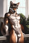 abs animal_genitalia anthro black_nose brown_body brown_fur fur genitals leaning leaning_back leaning_on_railing lipsticking looking_at_viewer male male_focus muscular muscular_male navel nipples nude penis penis_tip plant seductive sheath solo white_body white_fur avaru canid canine canis mammal wolf 2024 hi_res tagme