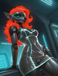 anthro black_lips blue_eyes blue_sclera breasts clothing cybernetics director_name female futuristic genitals glowing glowing_hair hair lips machine mechanical_joints pussy red_hair robotic_arms solo translucent translucent_clothing visor gilkardex cervid cyborg mammal robot absurd_res hi_res signature