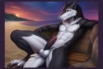 abs anthro beach belly erection genitals gold_eyes leaning leaning_back looking_aside male multicolored_penis outdoors penis seaside sergal solo star sunset two_tone_penis unknown_director white_belly