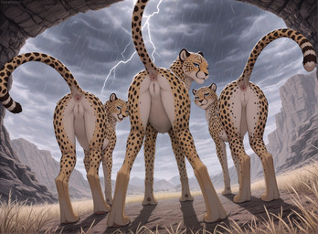 after_sex anus bedroom_eyes blue_eyes bodily_fluids butt cloud female feral genitals group lightning looking_at_viewer looking_back looking_back_at_viewer narrowed_eyes presenting presenting_pussy pussy quadruped raining raised_tail rear_view savanna seductive smile storm take_your_pick trio terraraptor cheetah felid feline mammal