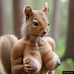 1:1 5_fingers anthro breasts brown_body brown_fur brown_nose cow_of_fire female fingers forest fur hand_on_own_breast mammal nipples outside pink_nipples plant rodent sciurid small_breasts solo standing tree tree_squirrel whiskers