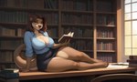 4_toes 5_fingers anthro arm_support big_breasts black_bottomwear black_clothing black_nose black_skirt blue_clothing blue_shirt blue_topwear blurred_background book bookshelf bottomwear bracelet breasts brown_body brown_fur brown_hair chair chest_tuft cleavage clothed clothing countershade_breasts countershade_face countershade_hands countershade_neck countershade_tail countershade_thighs countershade_torso countershading depth_of_field director_name easter_egg eyebrows eyelashes feet female fingers fur furniture green_eyes hair holding_book holding_object humor inner_ear_fluff inside jewelry library light looking_at_viewer luminaverse_(model) lying lying_on_side lying_on_table medium_hair noobai_(model) open_clothing open_shirt open_topwear otter_tail paper paws red_fingernails red_toe_claws shirt skirt solo table text thick_thighs toes topwear tuft whisker_spots whiskers white_body white_countershading window oaf40 crewmate_(among_us) lutrine mammal mustelid river_otter 2025 absurd_res alternate_version_at_source colored english_text finnish_text hi_res hungarian_text lighting russian_text signature