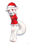 2024 anthro barefoot bow_ribbon christmas_clothing christmas_headwear claws clothed clothing feet female fur hair hands_behind_head headgear headwear looking_at_viewer paws red_eyes simple_background smile solo toe_claws white_background white_body white_fur white_hair direfelis_(director) arctic_fox canid canine fox mammal hi_res watermark