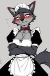 anthro aroused bite biting_lip breasts clothed clothing collar crossed_arms female front_view fur grey_body grey_fur looking_down maid_uniform medium_breasts raised_tail simple_background solo uniform yellow_eyes henriqueplytz canid canine canis mammal wolf absurd_res hi_res