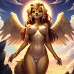 anthro bird_dog blonde_hair breasts canid canine canis cloud domestic_dog female front_view genitals gold_(metal) gold_jewelry golden_retriever hair happy hunting_dog jewelry lurktime_(director) magic mammal pussy retriever sky solo thigh_gap wings