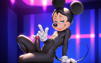 anthro black_body cartoon_character clothing erection furniture genitals gesture gloves handwear humanoid_genitalia humanoid_penis looking_at_viewer male mouse_ears mouse_tail nude penis sitting smile solo cartoonlover disney mickey_mouse mammal mouse murid murine rodent hi_res
