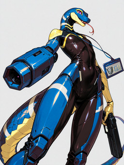 anthro arm-cannon badge cybernetics female forked_tongue gun machine prosthetic prosthetic_arm prosthetic_limb purple_eyes ranged_weapon solo text tongue weapon loren_iipsum e6ai mascot_2025 reptile scalie snake english_text hi_res