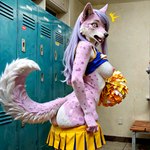anthro bodily_fluids breasts butt cheerleader cheerleader_outfit clothing female hair locker_room pink_body pink_eyes pom_poms purple_hair shocked solo sweat sweaty_body sweaty_breasts sweaty_butt undressing knurtnutley canid canine canis mammal wolf hi_res