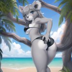 anthro beach bigslab bikini blue_eyes butt clothing female hand_on_butt koala looking_at_viewer mammal marsupial plant seaside sky solo swimwear tree vombatiform