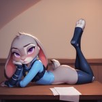 anthro arm_support armwear ayclin bedroom_eyes blush bottomless bottomless_female clothed clothing ears_down female furniture hand_under_chin hi_res inside judy_hopps lagomorph latex_legwear legs_up leporid looking_at_viewer lying mammal narrowed_eyes on_front on_table pivoted_ears police_uniform presenting rabbit seductive solo suggestive table topwear uniform vest zootopia