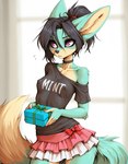 anthro black_hair bottomwear choker clothed clothing djar17 female gift hair jewelry mint_(djar17) necklace off_shoulder pink_eyes ponytail shirt skirt solo surprise t-shirt topwear canid canine fennec fox mammal hi_res