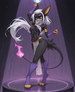 anthro bottomwear clothing dancing disco face_veil female gold_(metal) gold_jewelry jewelry loincloth podium solo spotlight standing translucent translucent_clothing djar17 kali_(djar17) canid canine canis jackal mammal absurd_res hi_res