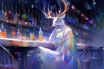 alcohol anthro antlers beverage bottle breasts cervid chair cleavage clothed clothing colorful container crossed_legs cup dress drinking_glass female fully_clothed fur furniture fuzzy_logic glass glass_container glass_cup hi_res horn mammal narrowed_eyes sitting solo white_body white_fur wine_glass