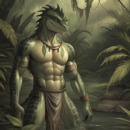 abs anthro bottomwear bulge claws clothing green_body green_scales green_skin jewelry jungle loincloth looking_at_viewer male markings muscular muscular_anthro muscular_male necklace pond scales smile snout solo standing tattoo tribal tribal_markings tribal_tattoo wet wet_body wet_scales xal-zul_(director) lizard lizardfolk lizardman reptile scalie