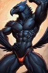 abs anthro athletic athletic_anthro athletic_male beak clothing feathers male navel nipples pecs solo tail_feathers thong underwear birdovo avian bird corvid corvus_(genus) crow oscine passerine raven absurd_res hi_res