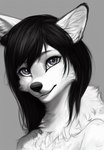 ambiguous_gender anthro black_hair black_nose bust_portrait canid canine closed_smile drawing eyebrows female fur grey_background grey_eyes hair head_tilt inner_ear_fluff looking_at_viewer mammal monochrome monotone_body monotone_fur nose portrait simple_background slight_smile smile solo three-quarter_view tuft white_body white_fur