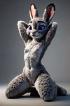 absurd_res anthro breasts female fluffy fur genitals hi_res hornybunny indigo_furry_mix_v95_realistic judy_hopps kneeling_position lagomorph leporid mammal nipples purple_eyes pussy rabbit small_breasts solo stable_diffusion zootopia