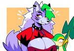 anthro big_breasts blush breasts cleavage cleavage_cutout clothed clothing collar duo ear_piercing ear_ring eyebrows eyelashes eyeshadow female five_nights_at_freddy's fur green_hair hair highlights_(coloring) huge_breasts jewelry lipstick long_hair looking_at_another makeup male multicolored_hair nintendo piercing pokemon purple_body ring_piercing scottgames simple_background size_difference smile spiked_collar spikes topwear white_hair yellow_eyes hellsonger roxanne_wolf_(fnaf) canid canine canis generation_5_pokemon mammal pokemon_(species) snivy wolf digital_media_(artwork)