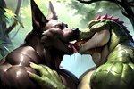 anthro big_muscles big_pecs black_body black_fur bodily_fluids brother claws drooling duo eyes_closed fangs french_kissing fur green_body green_scales hand_on_chest incest_(lore) kissing male male/male muscular pecs raining saliva scales sibling swamp wet wet_body exveemon_(director) nasus_(lol) renekton_(league_of_legends) anubian_jackal canid canine canis crocodile crocodilian crocodylid jackal mammal reptile scalie hi_res