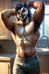 abs absurd_res anthro armpit_hair athletic athletic_male avian beak biceps bigboyblaziken bird bodily_fluids body_hair chest_tuft happy_trail hi_res kitchen light_reflected_on_body looking_at_viewer male muscular muscular_male nipples owl pecs pubes solo sweat sweaty tuft