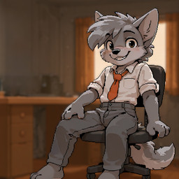 anthro blush briefcase chair clothing computer furniture keyboard male office office_chair shirt sitting smile solo sukusala tail topwear alex_(harmarist) canid canine canis mammal wolf