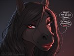 eyelashes female feral hair lips lipstick long_eyelashes long_hair looking_at_viewer makeup red_eyes red_lipstick seductive simple_background smile solo speech_bubble text thick_lips the_yiff_republic equid equine horse mammal absurd_res english_text headshot_portrait hi_res meme portrait