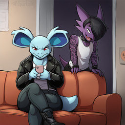 annoyed anthro anthrofied arm_tattoo biped blue_body boots bottomwear cellphone clothed clothing collar duo electronics eyebrow_piercing facial_piercing female female_anthro footwear furniture goth hair hair_over_one_eye holding_object holding_phone inside intersex_(lore) jacket leather leather_clothing leather_jacket leather_topwear male male_anthro on_sofa open_mouth pants phone piercing punk purple_body red_eyes shirt sitting smile sofa spiked_collar spikes tank_top tattoo telegram telegram_logo text tongue tongue_piercing topwear wristband sergalbutt nintendo pokemon hunter_(sergalbutt) nina_(sergalbutt) generation_1_pokemon haunter nidorina pokemon_(species) 1:1 director_name signature url gynomorph_(lore)