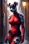 alley anthro armwear bare_shoulders belt big_breasts bodypaint breasts clothing cosplay costume detailed_background elbow_gloves face_paint female gloves handwear muscular muscular_anthro muscular_female small_waist solo tight_clothing wide_hips hellapoc deadpool_(marvel) canid canine canis dalmatian domestic_dog mammal