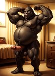 anthro balls bed bedroom belly big_belly big_penis black_body black_fur body_hair chest_tuft erection fauxhawk feet flexing flexing_biceps fur furniture genitals green_eyes happy_trail humanoid_genitalia humanoid_penis hyper hyper_belly inside looking_at_viewer male musclegut muscular muscular_anthro muscular_male navel nipples nude overweight penis smile solo toes tuft window window_light aiaicaptain ape gorilla haplorhine mammal primate hi_res