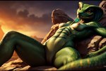 anthro blizzard_entertainment breasts desert female genitals green_body green_scales kauket looking_at_viewer nipples non-mammal_breasts non-mammal_nipples orange_eyes outside pussy reptile scales scalie sethrak small_breasts snake snake_hood solo striped_body stripes sunset warcraft world_of_warcraft