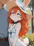 <3 anthro blush bottomwear cheek_tuft clothed clothing collar dress duo facial_tuft female fur green_eyes hair hand_on_hip happy hat headgear headwear inner_ear_fluff long_ears long_hair looking_at_another looking_up male messy_hair nature nature_background orange_hair outside pants plant scut_tail shirt short_tail shrub size_difference smile topwear tree tuft white_body white_fur kaltingale_(director) lagomorph leporid mammal rabbit hi_res