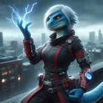 anthro black_clothing blue_body blue_scales city city_background cityscape clothed clothing evil_grin female hair lightning magic magic_user raining red_clothing red_eyes scales smile smug solo storm storm_clouds white_body white_hair white_scales omgechounknown mara_(echounknown) lizard reptile scalie