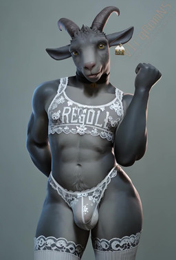 5_fingers anthro bulge butt choker clothed clothing crossdressing curvy_figure femboy fingers front_view fur horn jewelry lace lace_legwear lace_panties male male/male necklace rear_view simple_background standing teasing underwear vlrgromns fortnite pilgor_(goat_simulator) bovid caprine goat mammal animated hi_res short_playtime webm