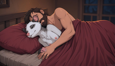 Rating: q
ID: 116070
Date: 2025-07-14 12:24:18 -0400
Status: active
Score: 100
american_opossum anthro beard bed breasts chest_tuft didelphid director_name duo facial_hair female fluffy furniture hand_holding hi_res human human_on_anthro inside interspecies larger_male lying male male/female mammal marsupial medieval nipples nude on_bed on_side red_blankets size_difference sleeping sleeping_together smaller_female spooning terraraptor tuft under_blanket whiskers post #116070