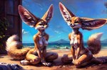 anthro beach_background big_ears breasts canid canine duo female female/female fennec fox fur hi_res kneeling looking_at_viewer mammal multicolored_body multicolored_fur nipples nude small_breasts smile two_tone_body two_tone_fur unknown_director wallpaper